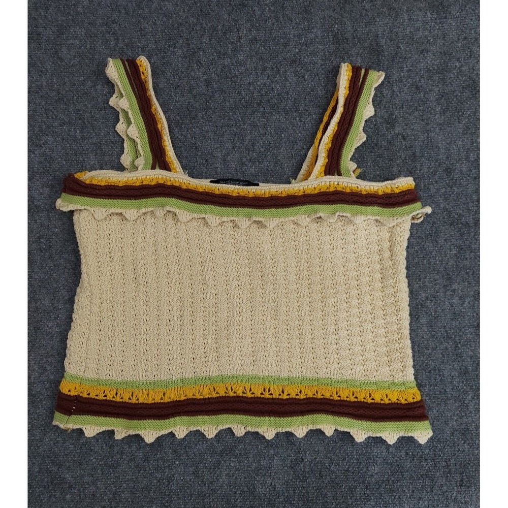 Marc New York Knitted Halter Top Women XL Beige Green Tank Crochet Boho Hippie